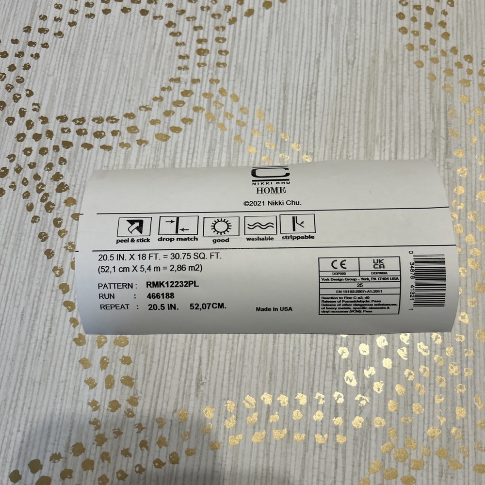 Nikki Chu Peel and Stick Wallpaper RMK12232PL White And Gold 3.75 Rolls